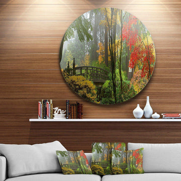 Japanese Wooden Bridge in Fall - Landscape Photography Oversized Circle Metal Wall Art
